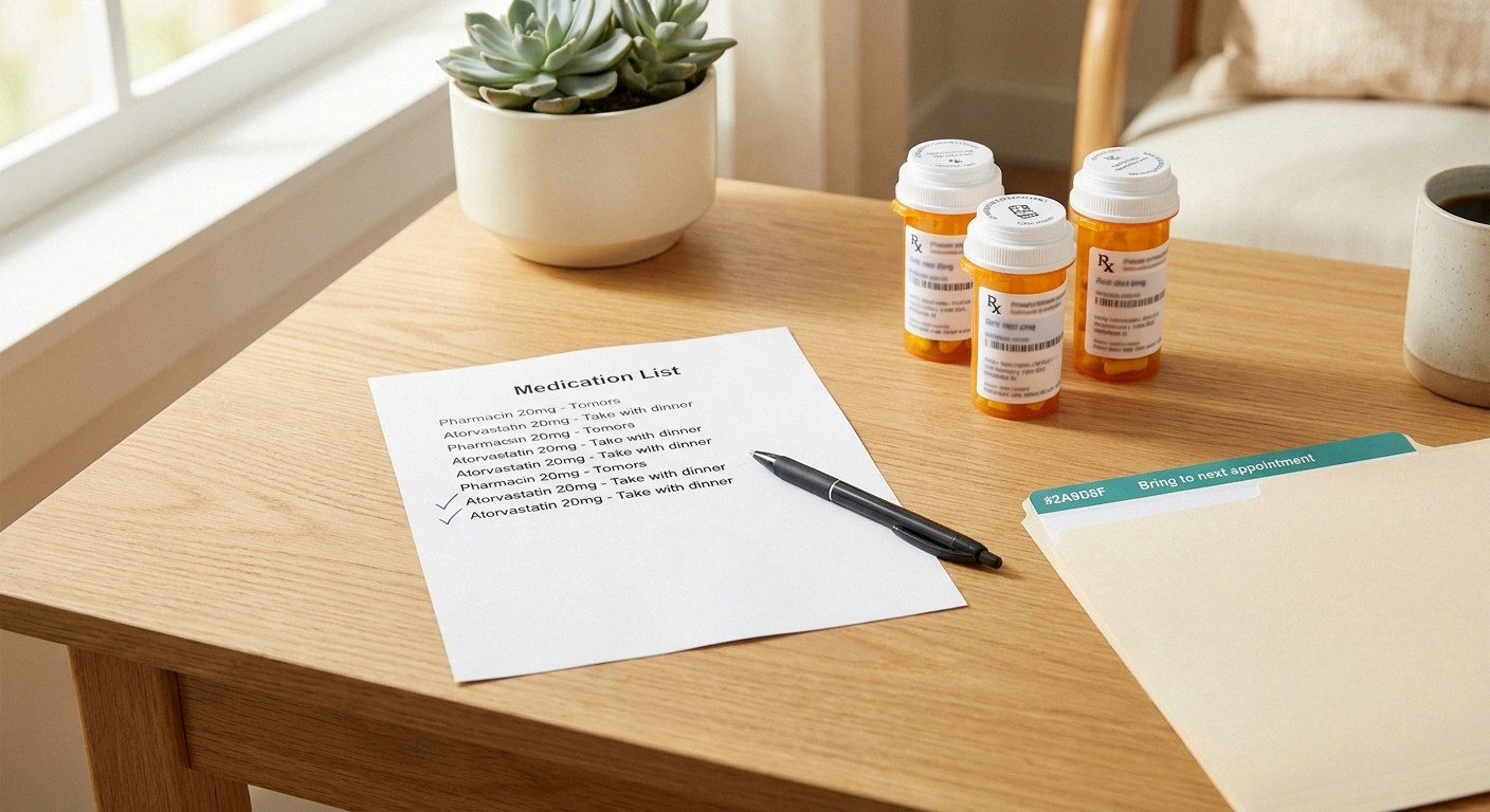 A printed medication list with one entry circled, prescription bottles, and a folder labeled
