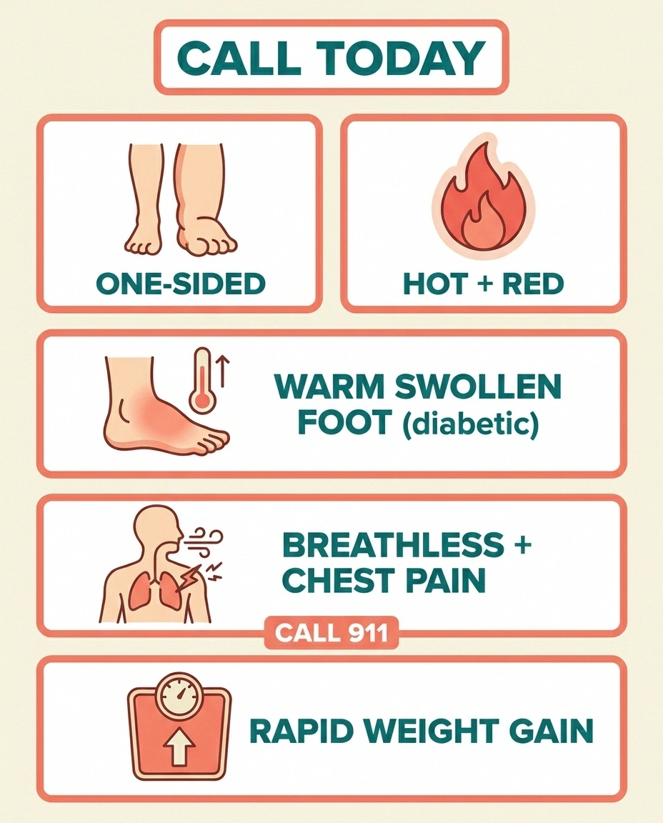 Infographic showing five urgent swelling-related warning signs and when to call a doctor or 911.