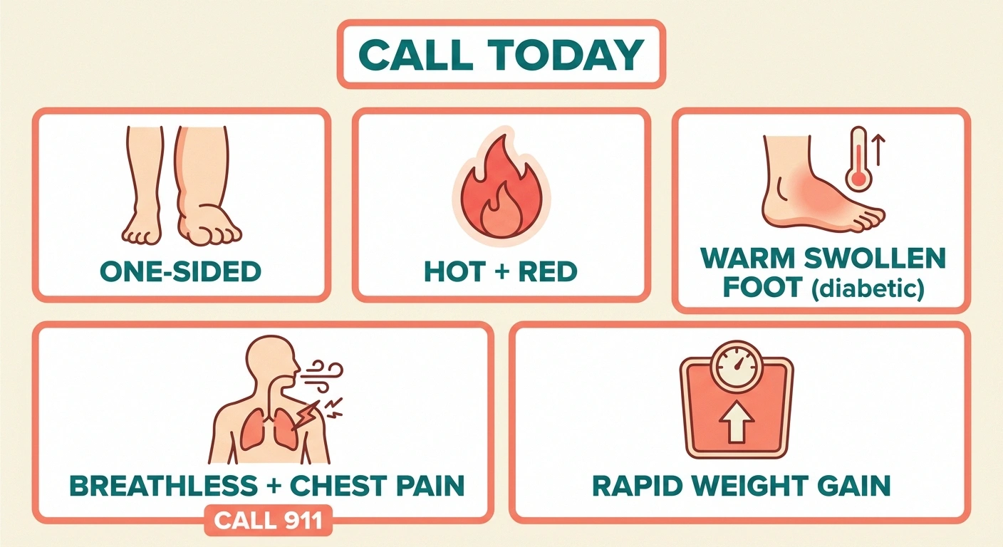 Infographic showing five urgent swelling-related warning signs and when to call a doctor or 911.