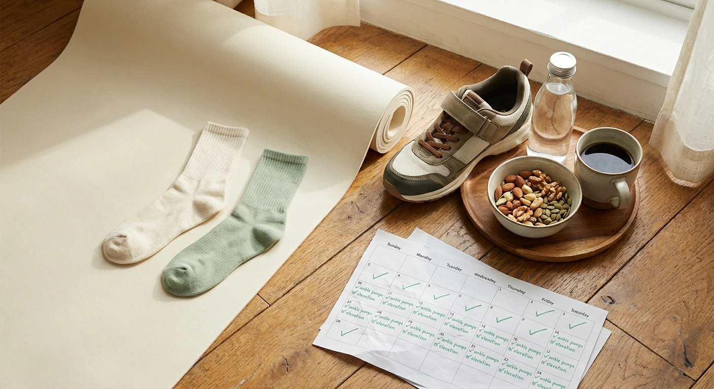 A morning floor setup with socks, supportive shoes, water, low-sodium snacks, and a habit tracker — anchoring the routine anti-swelling practices.