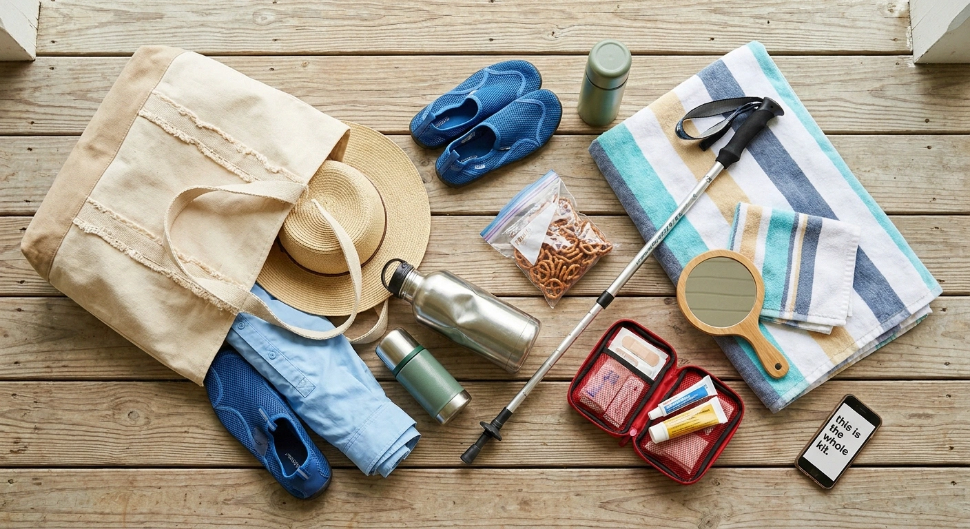 Overhead view of a canvas beach tote with water shoes, hat, sun shirt, water bottle, trekking pole, towels, first-aid kit, and mirror