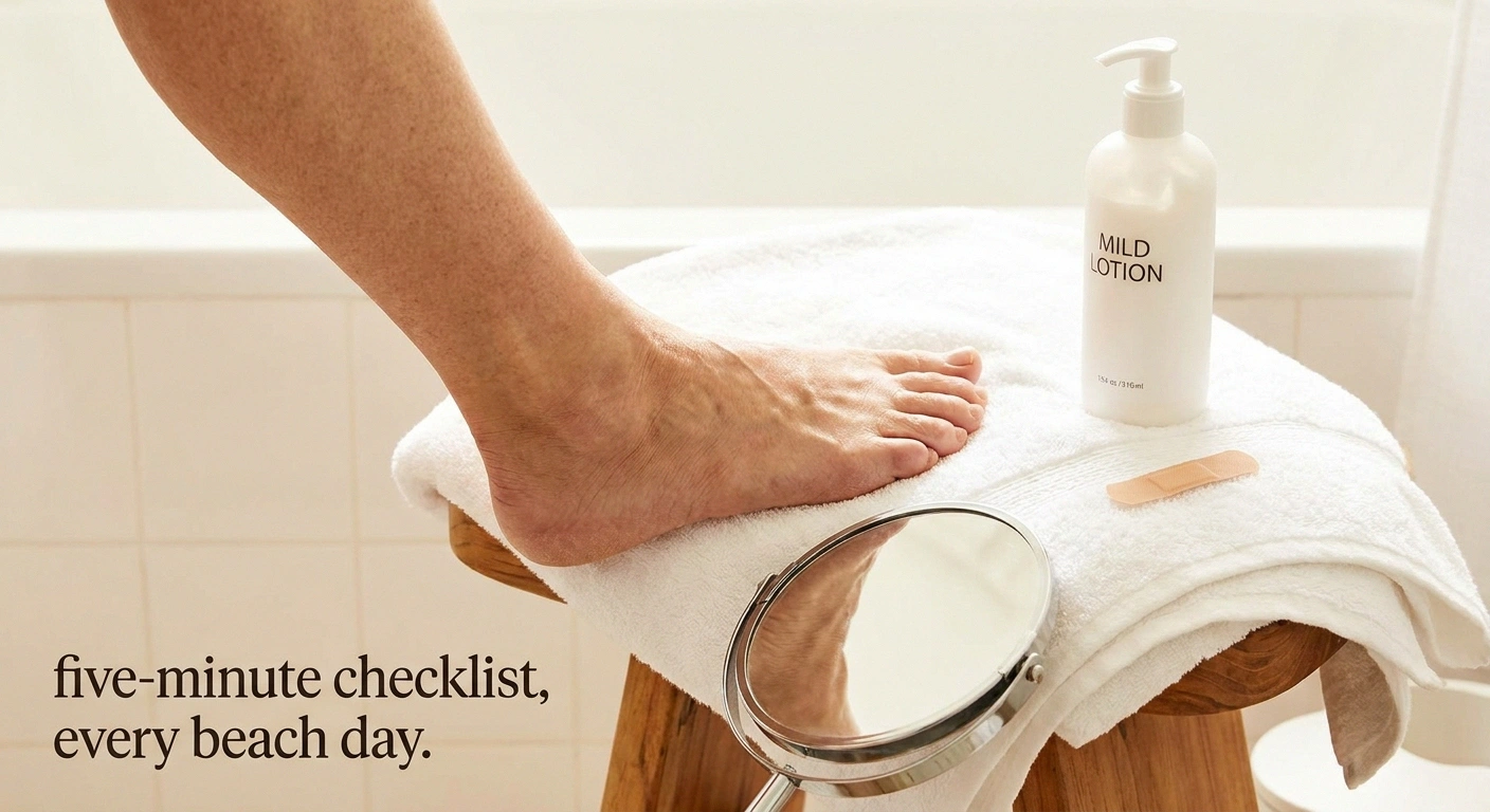 Older woman inspecting the bottom of her foot with a handheld mirror on a bathroom stool with towel and lotion ready