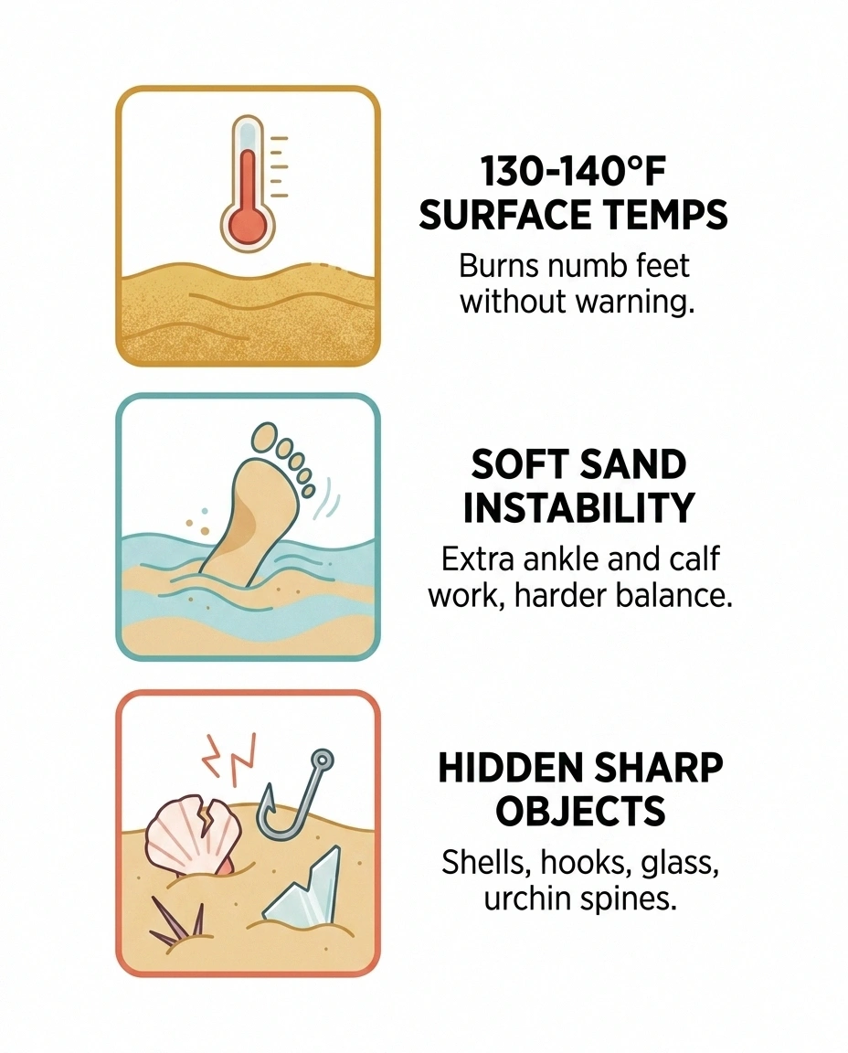 Three-panel diagram showing three beach hazards for neuropathy — surface temperature, sand instability, hidden sharp objects