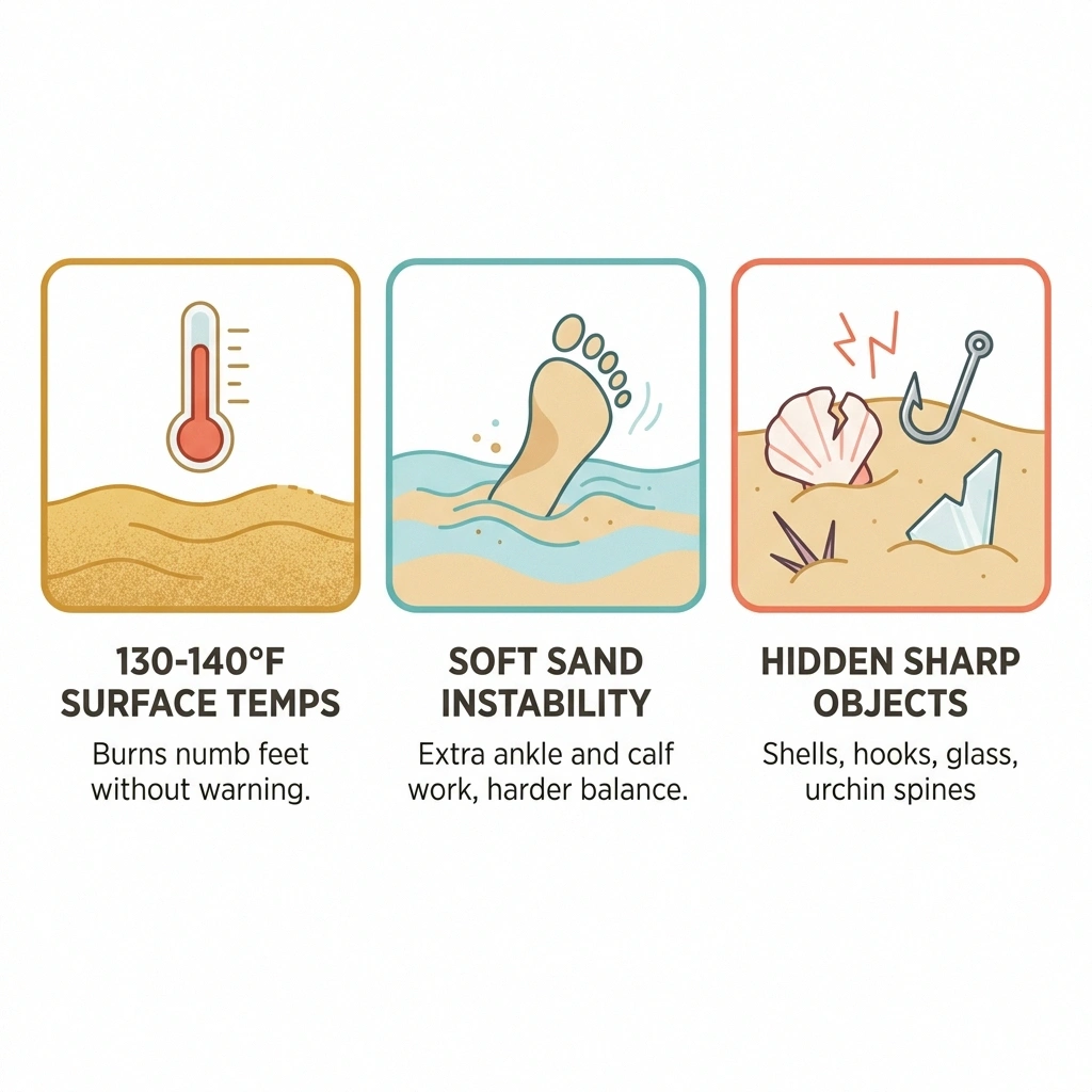 Three-panel diagram showing three beach hazards for neuropathy — surface temperature, sand instability, hidden sharp objects