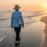 Older woman in water shoes, sun shirt and straw hat walking along the wet packed sand at the tide line in morning light