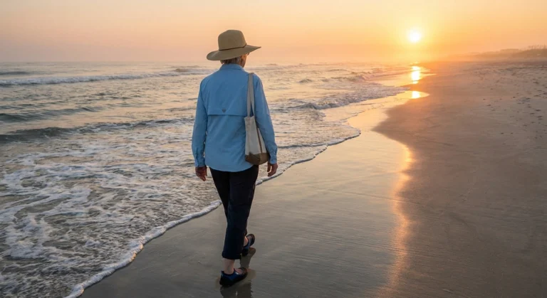 Older woman in water shoes, sun shirt and straw hat walking along the wet packed sand at the tide line in morning light