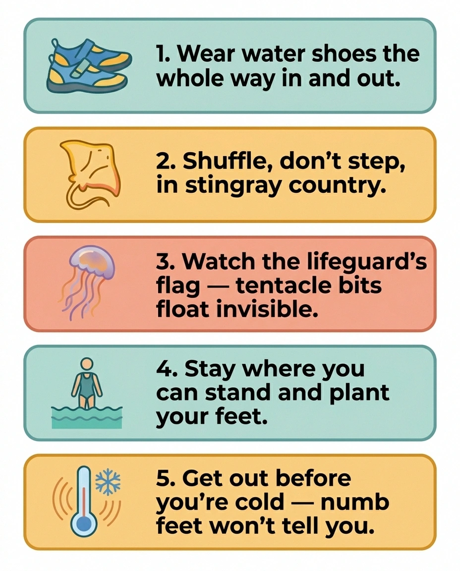 Five-rule infographic for water safety with neuropathy — water shoes, shuffle for stingrays, watch for jellyfish, stay standing, get out before cold