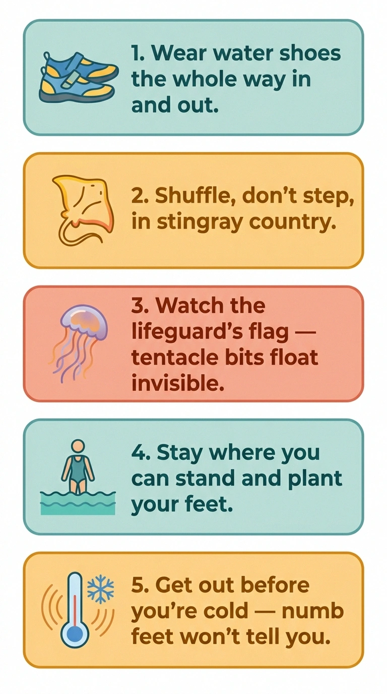 Five-rule infographic for water safety with neuropathy — water shoes, shuffle for stingrays, watch for jellyfish, stay standing, get out before cold