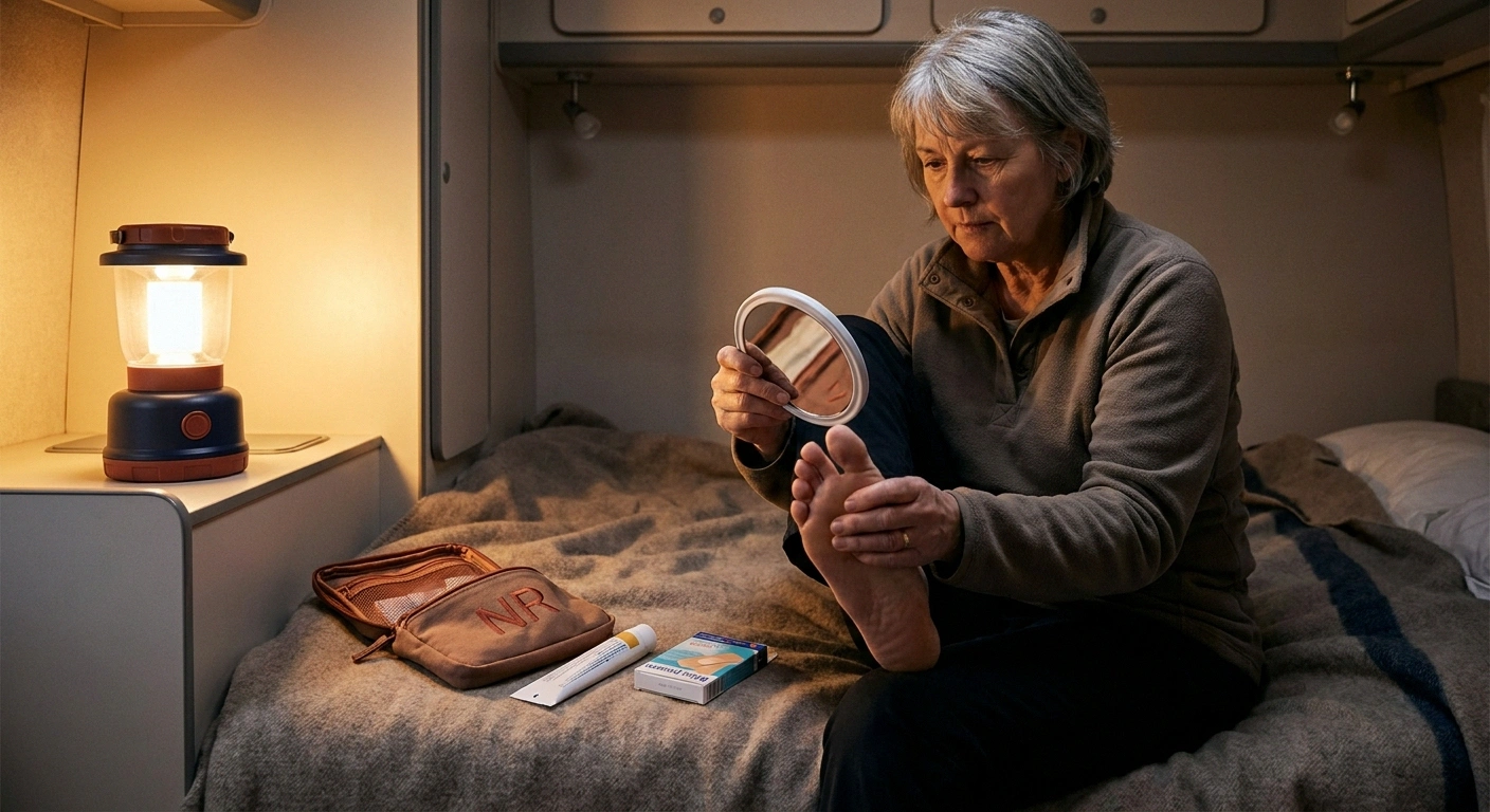 Older woman sitting on the edge of her camper bed using a handheld mirror to inspect the sole of her foot during her nightly camping foot-check routine with a first-aid kit nearby.