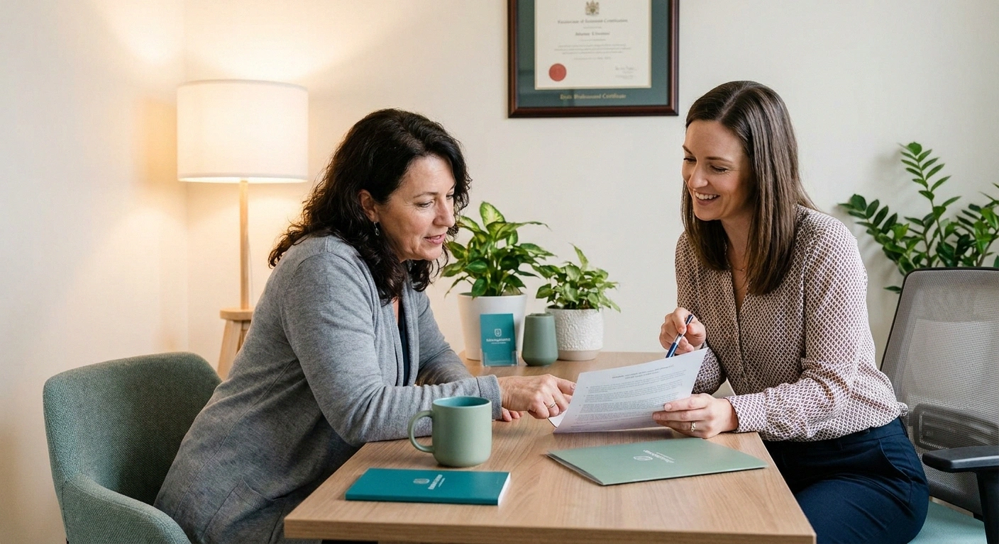 Woman reviewing lab report with a clinician at a consultation desk