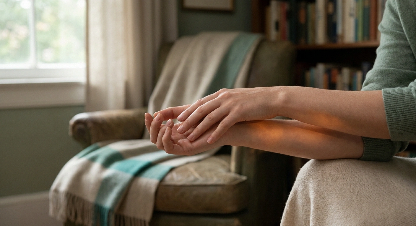 Close-up of forearms with hands gently resting on them, soft natural lighting
