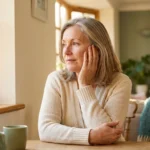 Middle-aged woman resting her hand against her cheek by a sunlit window, contemplative expression