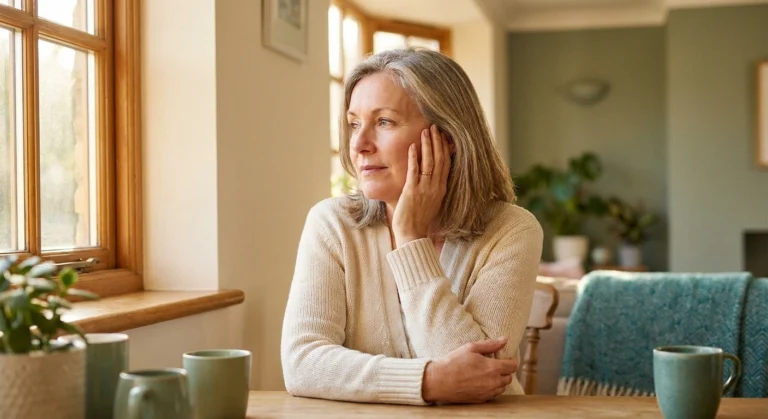 Middle-aged woman resting her hand against her cheek by a sunlit window, contemplative expression