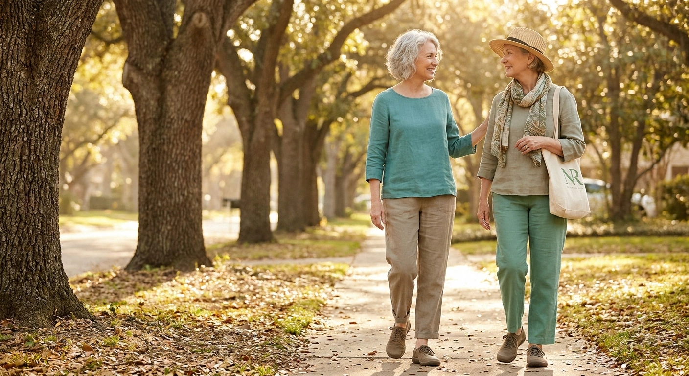 Two women in their 50s walking together on a tree-lined sidewalk, mid-conversation in warm afternoon light