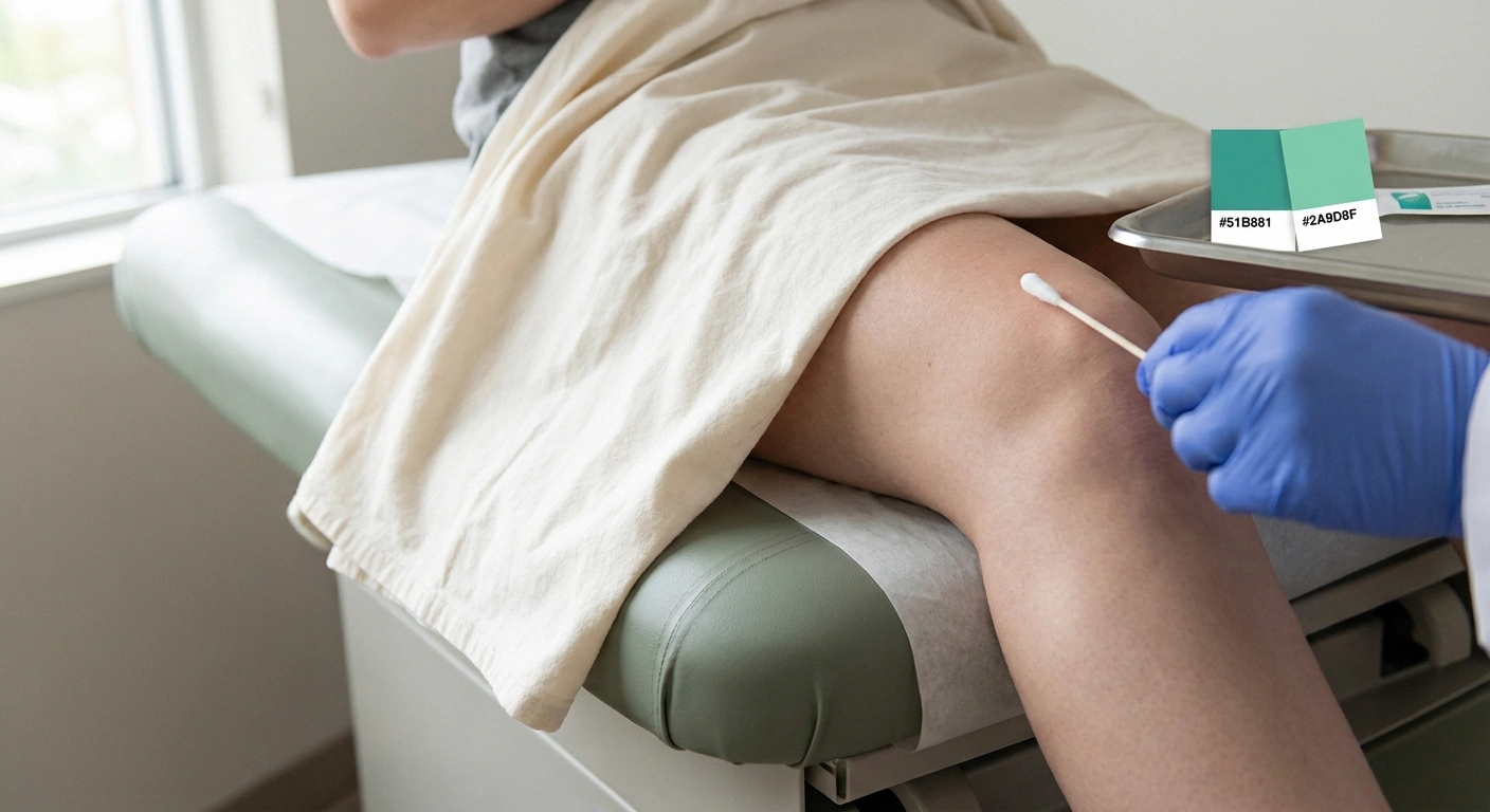 Patient's thigh on exam table with clinician's gloved hand and sterile swab nearby