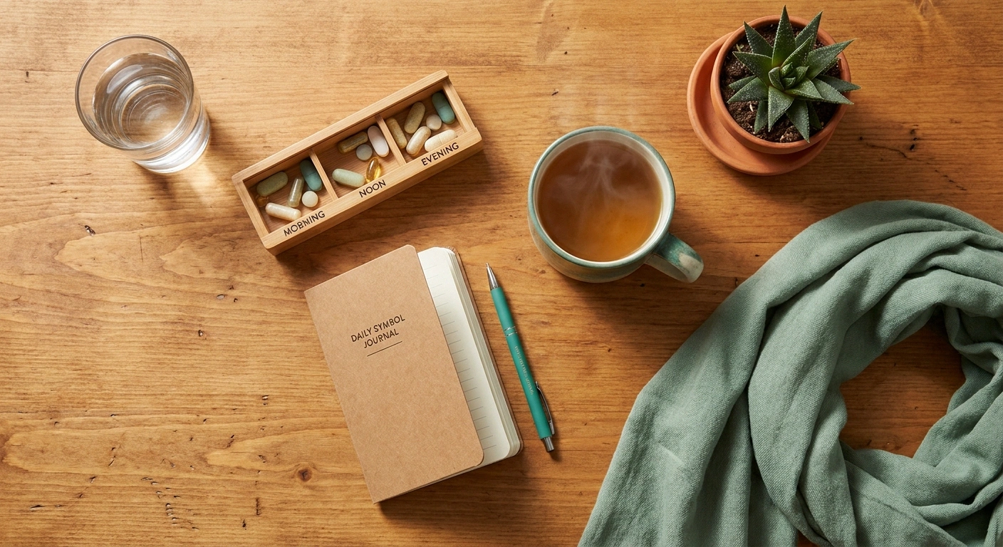 Flat-lay of a glass of water, pill organizer, symptom journal, tea mug, and potted plant on a wooden table