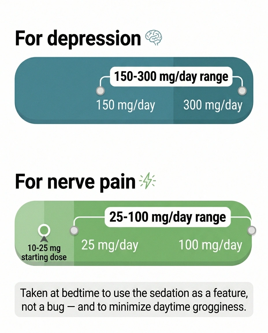 Bar diagram comparing depression dose range 150-300mg vs nerve pain dose range 25-100mg