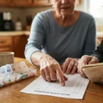 Older couple at a kitchen table reviewing a medication list and weekly pill organizer with coffee