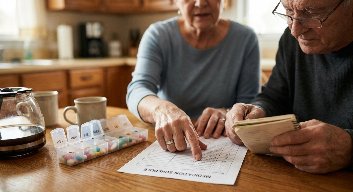 Older couple at a kitchen table reviewing a medication list and weekly pill organizer with coffee