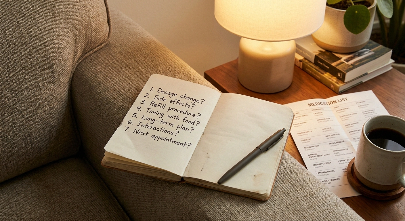 Open notebook with handwritten list of seven questions for prescriber beside a printed medication list