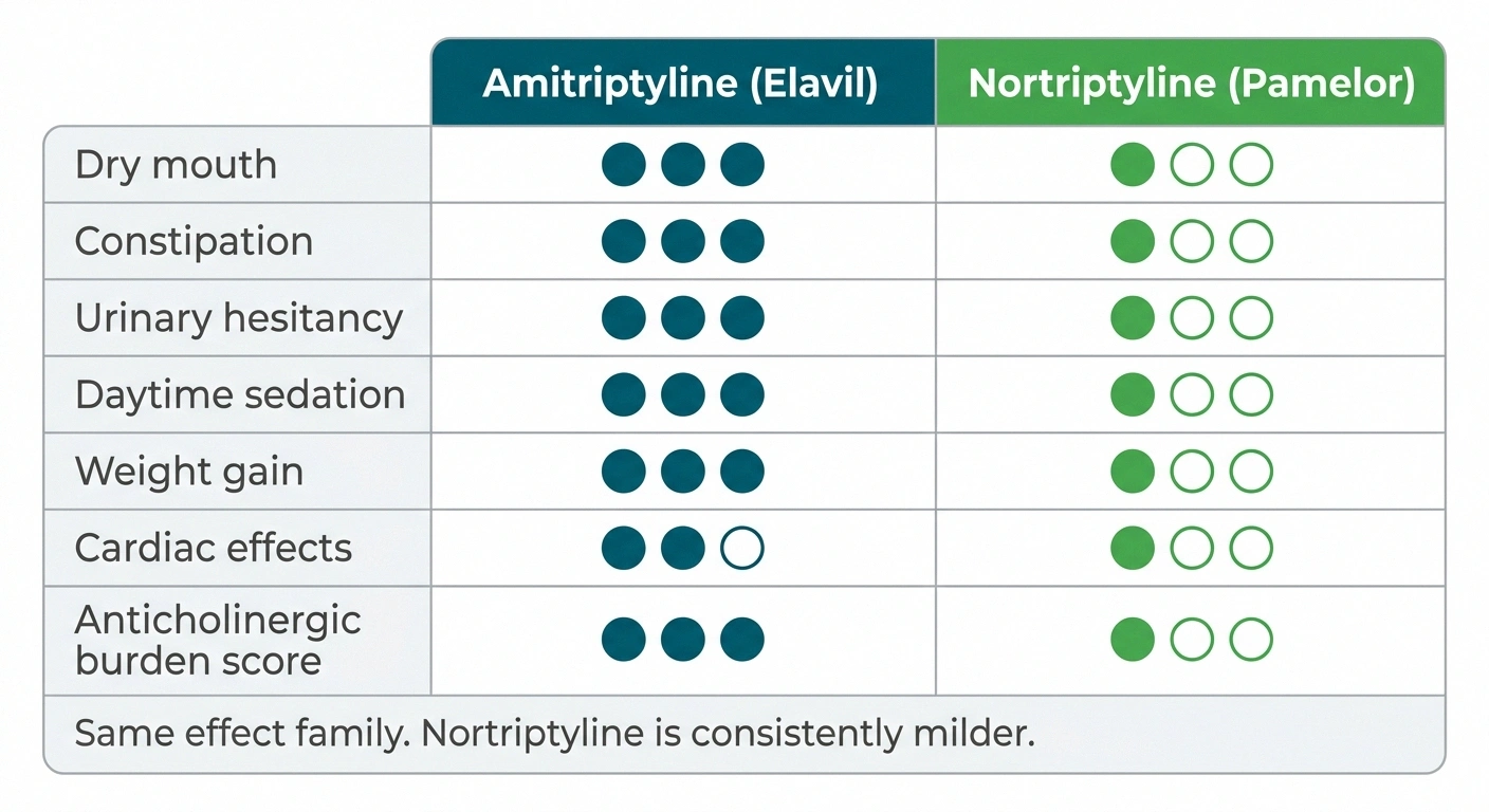 Comparison table showing amitriptyline vs nortriptyline side effects across seven categories with nortriptyline milder in all