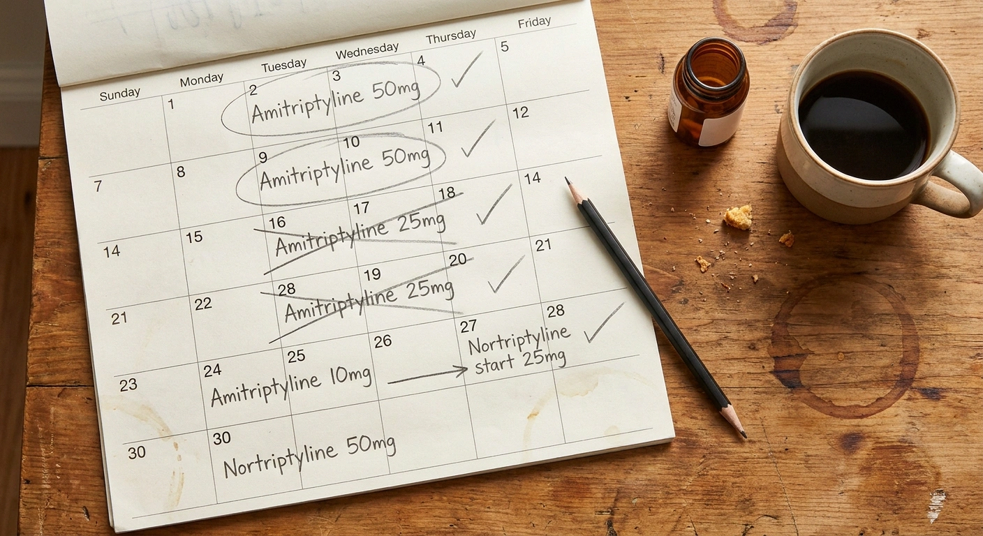 Wooden desk with calendar marked for six-week medication taper from amitriptyline to nortriptyline with pencil and pill bottle