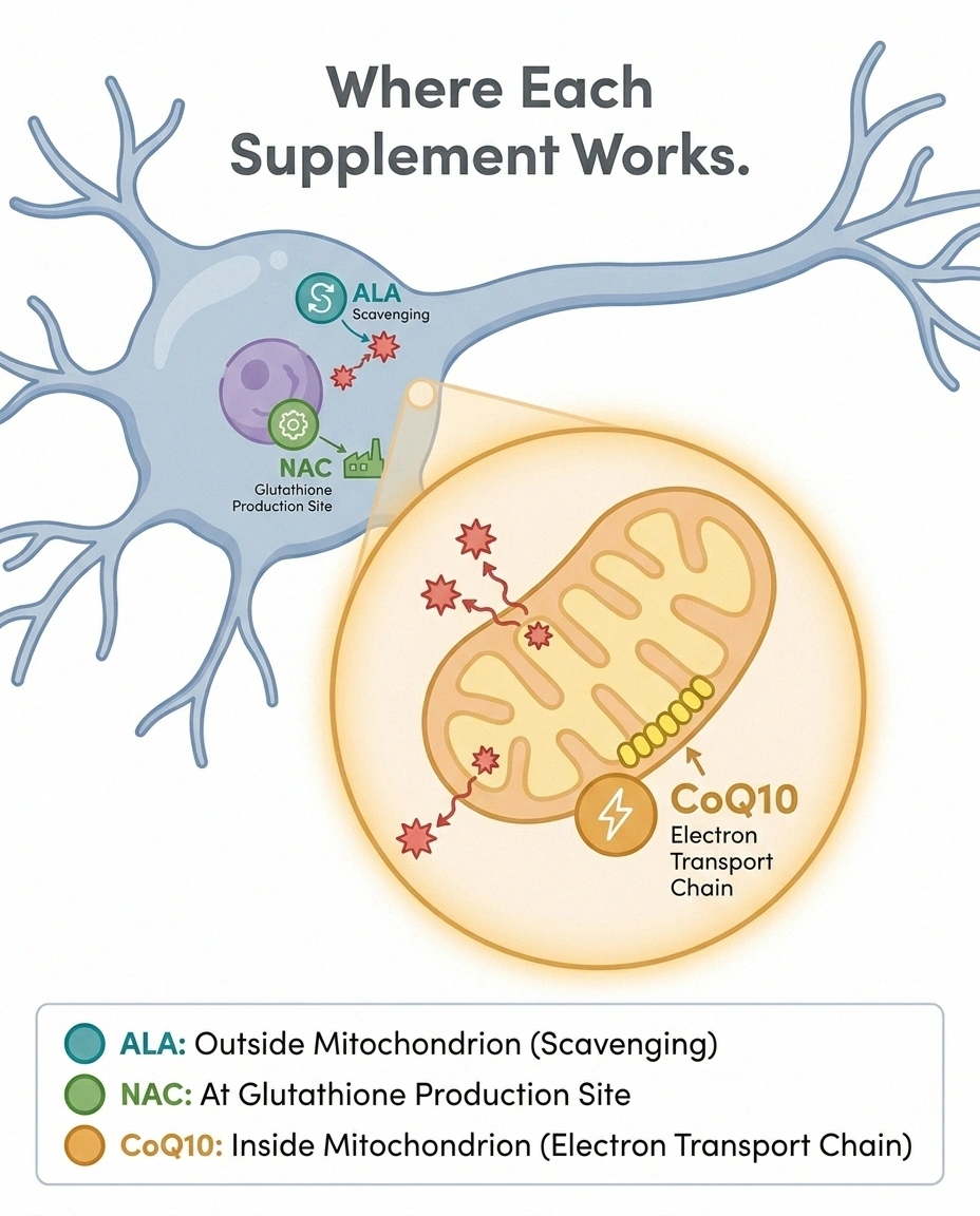 Cross section of a nerve cell showing where alpha-lipoic acid, NAC, and CoQ10 each act on oxidative stress and mitochondrial function.