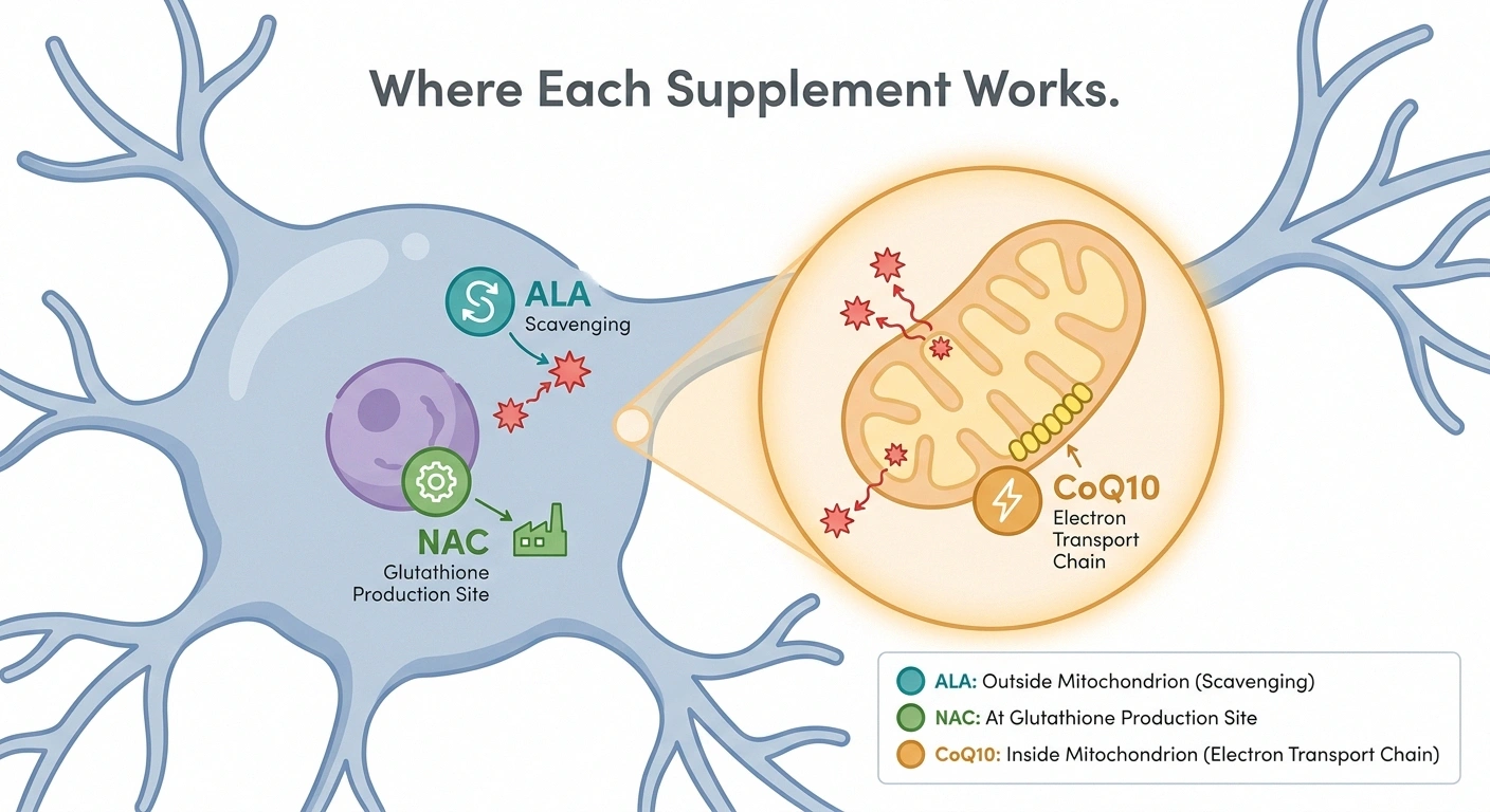Cross section of a nerve cell showing where alpha-lipoic acid, NAC, and CoQ10 each act on oxidative stress and mitochondrial function.