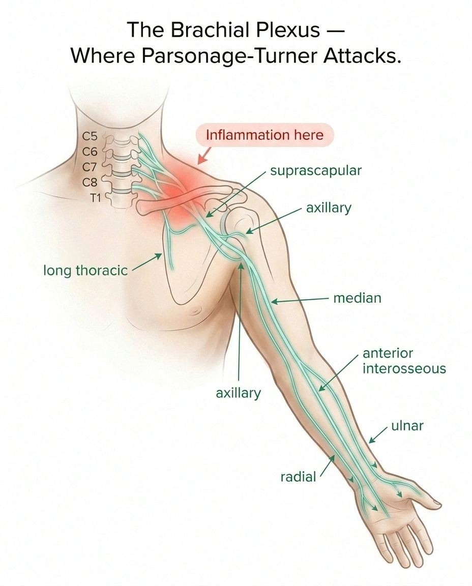 Anatomical infographic of the brachial plexus showing inflammation in Parsonage-Turner syndrome and the major peripheral nerves that branch from it