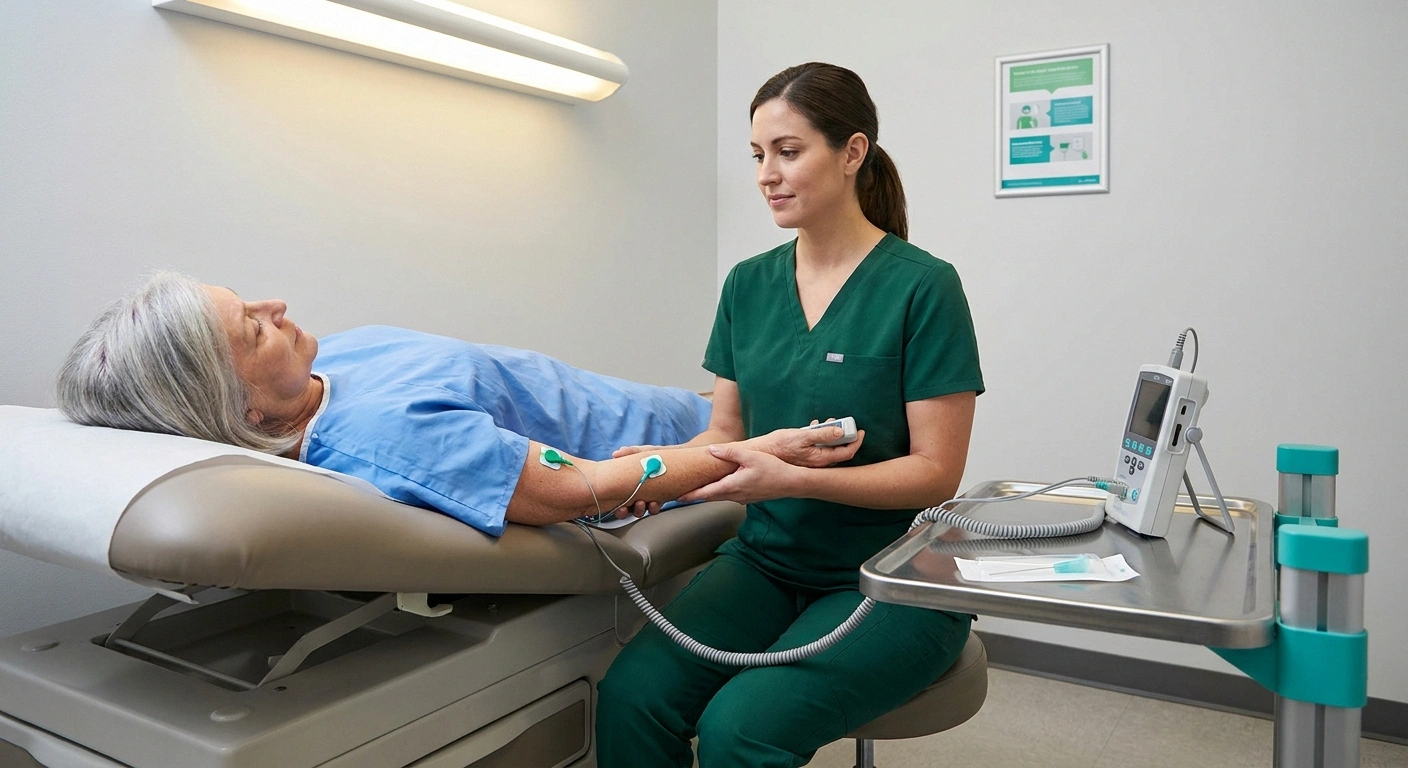 Neurologist performing an EMG nerve conduction study on a patient's arm to diagnose brachial plexopathy and confirm Parsonage-Turner syndrome
