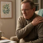 Older man reflectively touching his shoulder while sitting in a home study, recognizing the pattern of sudden severe shoulder and arm nerve pain