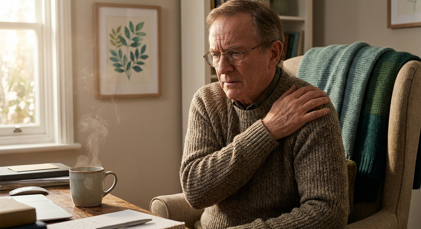 Older man reflectively touching his shoulder while sitting in a home study, recognizing the pattern of sudden severe shoulder and arm nerve pain