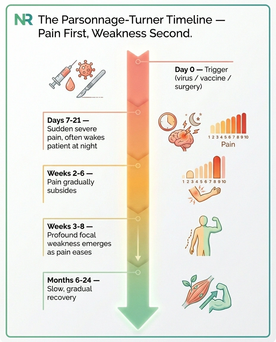 Timeline infographic showing Parsonage-Turner syndrome progression from trigger through severe pain phase to weakness phase and slow recovery