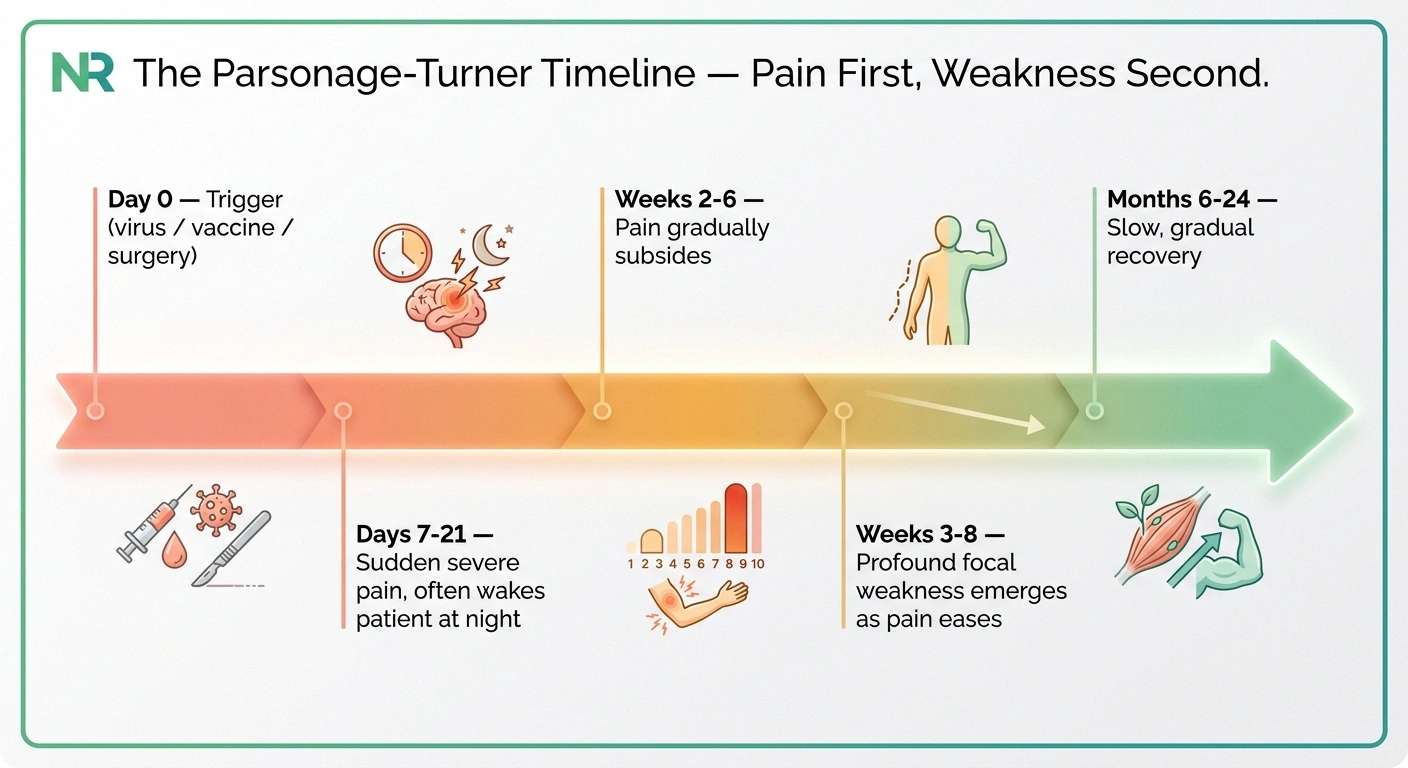 Timeline infographic showing Parsonage-Turner syndrome progression from trigger through severe pain phase to weakness phase and slow recovery