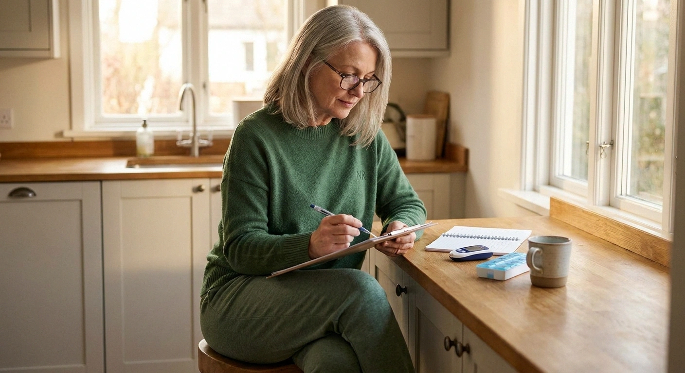 Older woman with diabetic neuropathy organizing her medications and symptom log at the kitchen counter