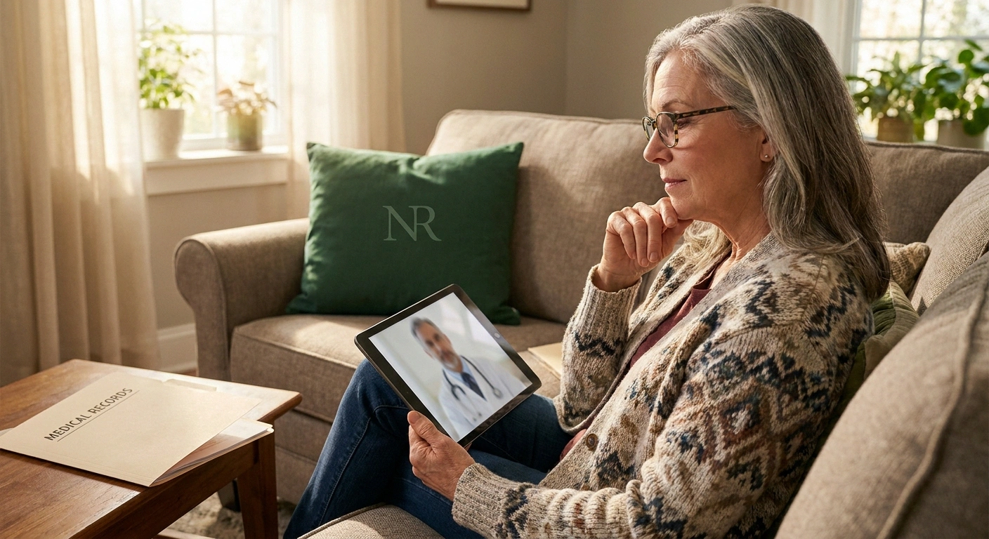 Older woman with neuropathy considering clinical trial enrollment during telehealth consultation