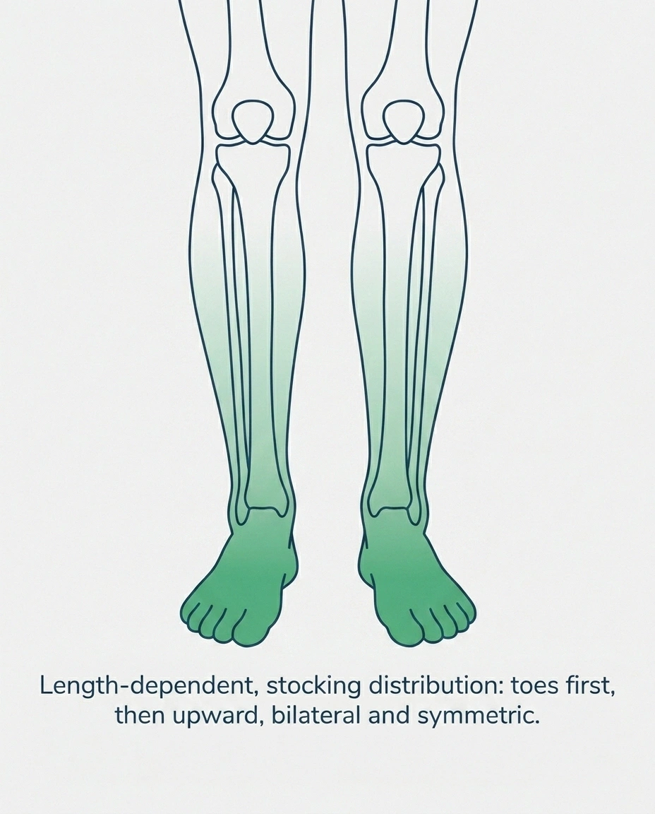 Anatomical infographic showing peripheral neuropathy's bilateral stocking-pattern distribution starting at the toes and creeping up both legs.