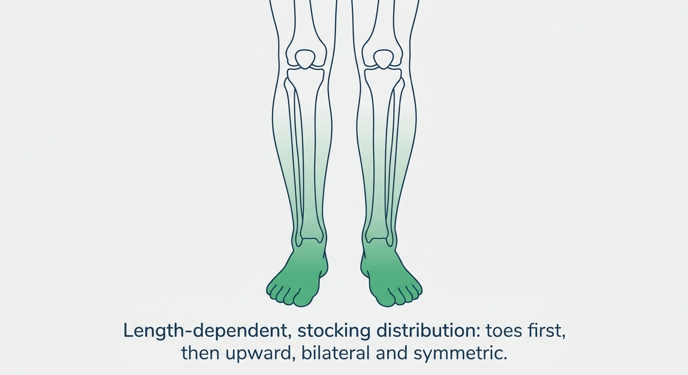 Anatomical infographic showing peripheral neuropathy's bilateral stocking-pattern distribution starting at the toes and creeping up both legs.