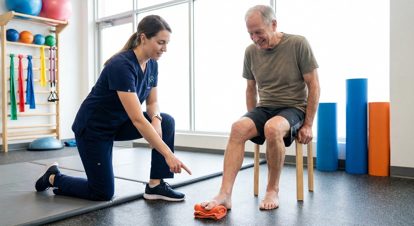 Physical therapist kneeling beside a seated older patient guiding a towel-scrunch foot exercise to preserve intrinsic foot muscles in neuropathy.