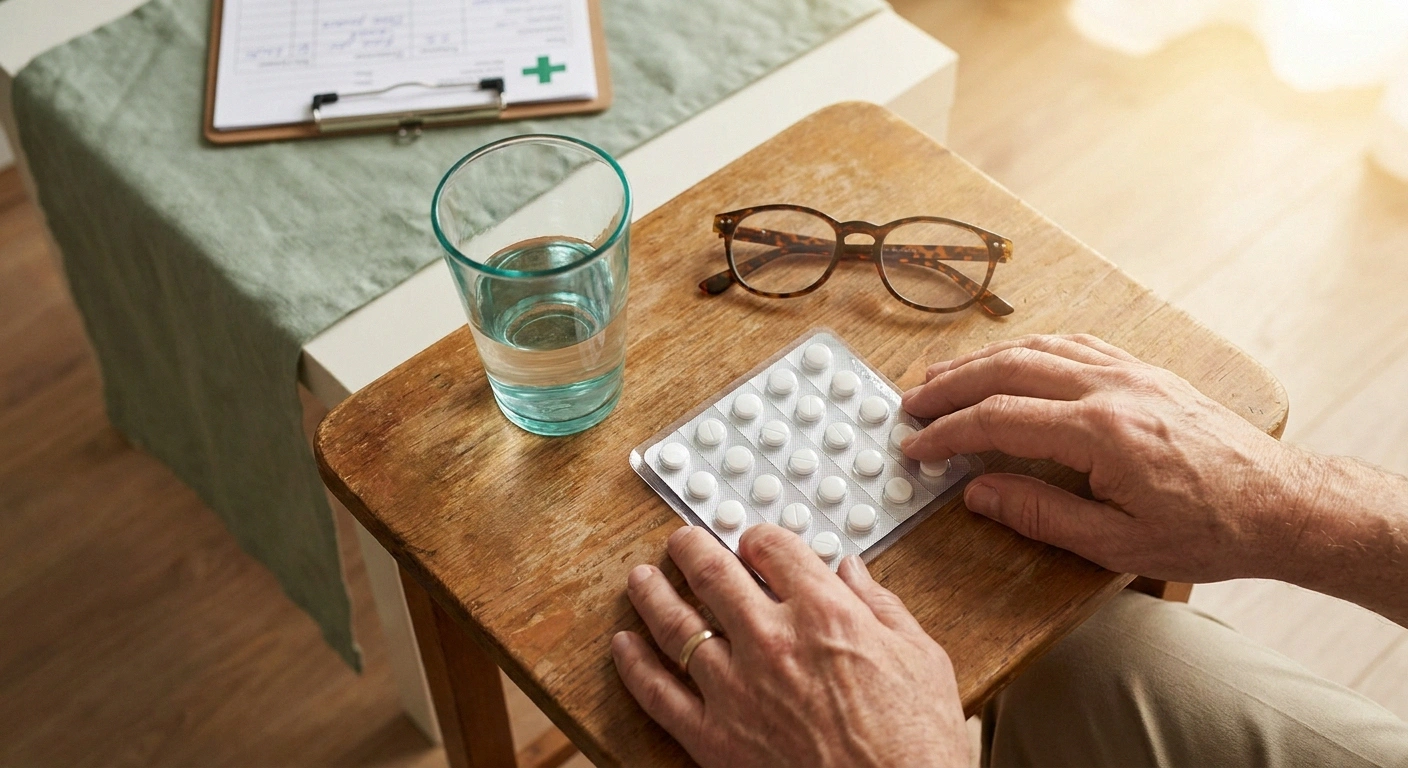 Unlabeled white pills in blister pack on wooden table with water glass — investigational diabetic neuropathy medication