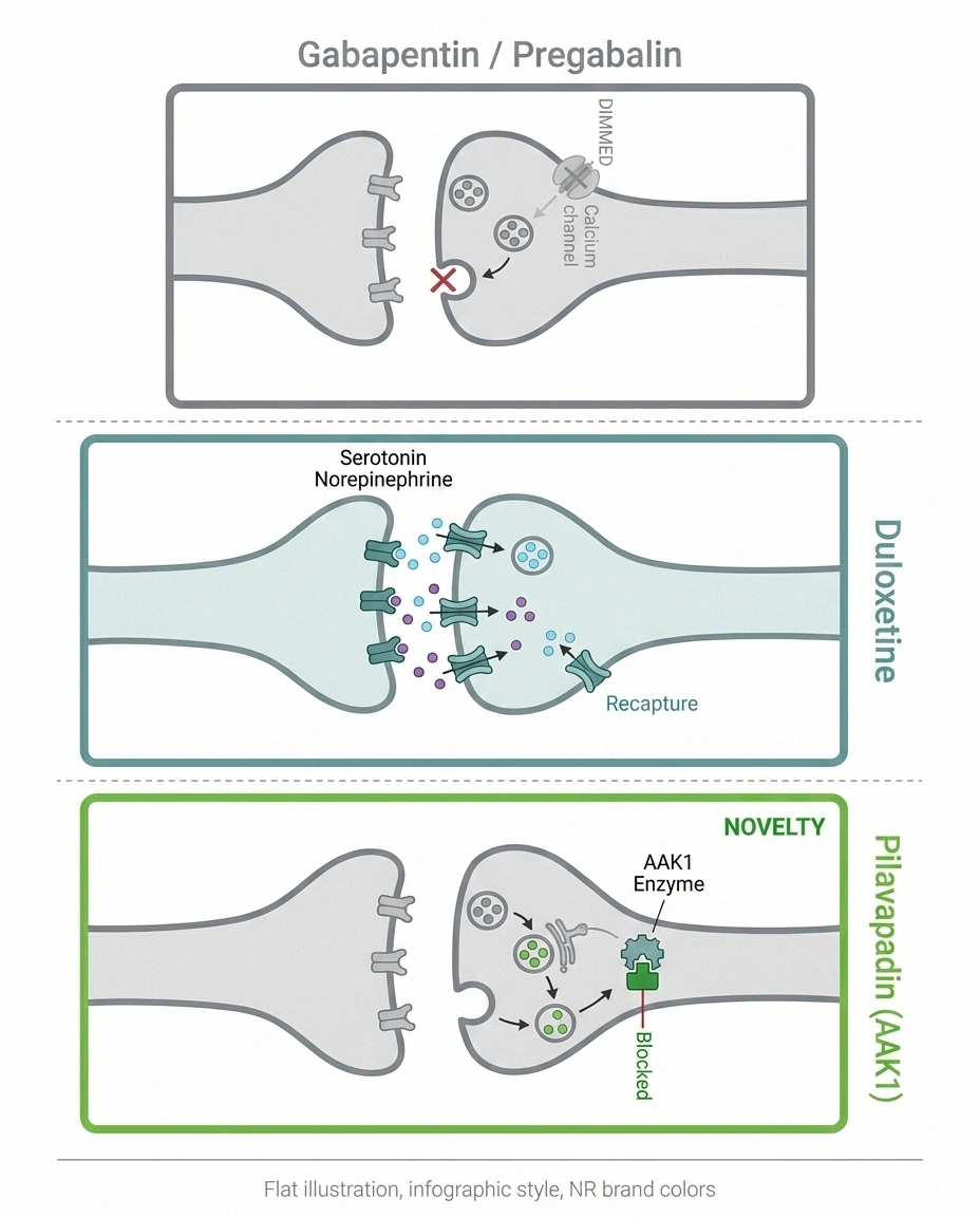 Diagram comparing how gabapentin, duloxetine, and pilavapadin work on different nerve-pain pathways