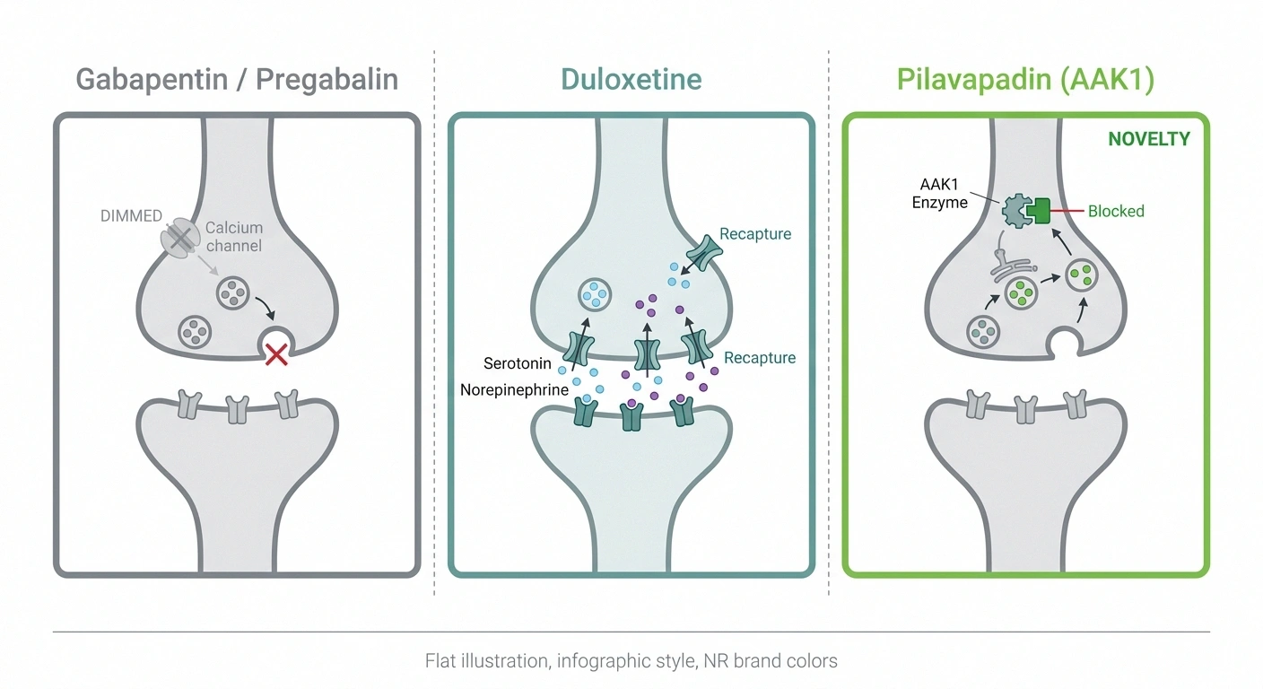 Diagram comparing how gabapentin, duloxetine, and pilavapadin work on different nerve-pain pathways