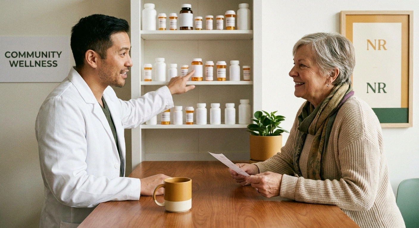 Pharmacist explaining neuropathy medication options to a patient at the pharmacy counter