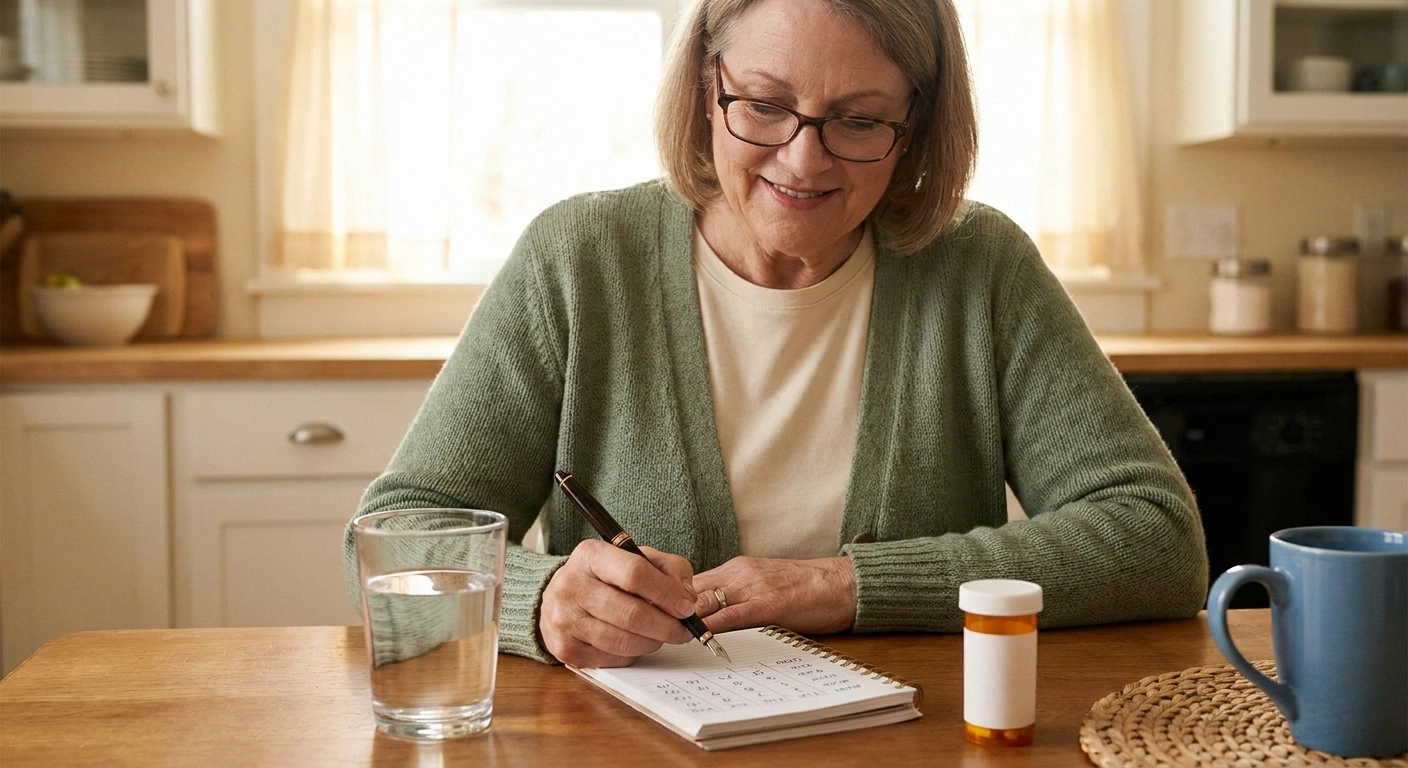Older woman tracking daily pain scores in notebook while managing diabetic neuropathy treatment