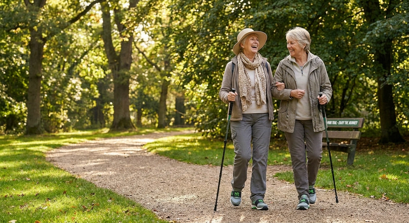 Two women walking together in a park while one manages diabetic neuropathy with lifestyle and medication