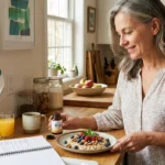 Older woman in a sunlit kitchen smiling as she places a B12 supplement bottle beside a plant-based breakfast of oatmeal berries and walnuts.