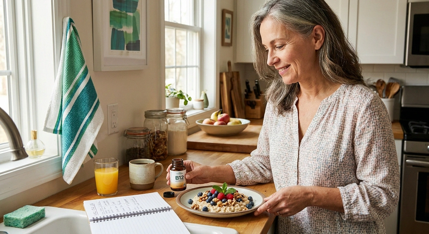 Older woman in a sunlit kitchen smiling as she places a B12 supplement bottle beside a plant-based breakfast of oatmeal berries and walnuts.