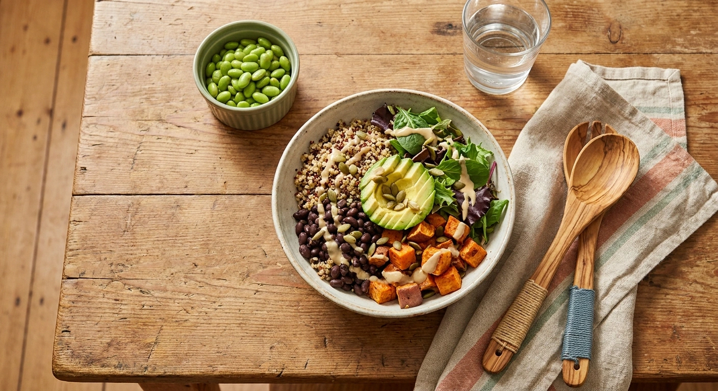 Top-down image of a plant-based grain bowl with quinoa black beans roasted sweet potato avocado pumpkin seeds and tahini dressing on a warm wood kitchen table.