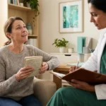 Woman in her 40s sharing handwritten attack history notes with a doctor during a porphyria consultation in a warm clinical office.