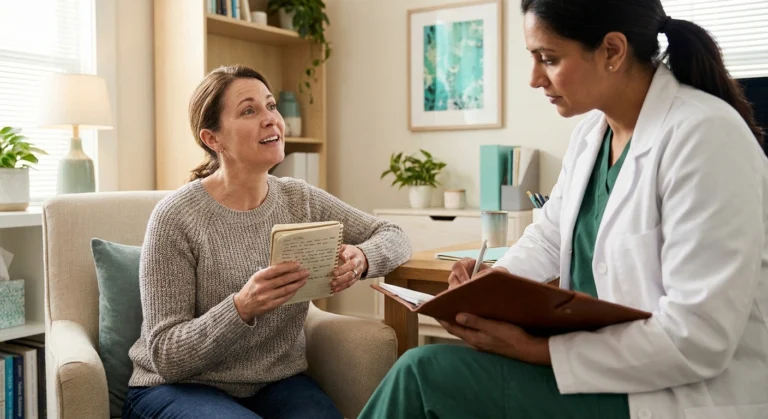 Woman in her 40s sharing handwritten attack history notes with a doctor during a porphyria consultation in a warm clinical office.